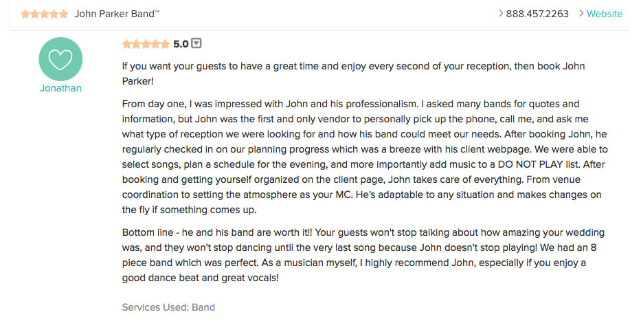 Groom review of John Parker Band Wedding