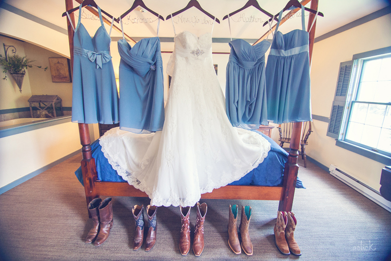 The Links Bloomsburg Wedding Dress with Blue Bridesmaid Dresses and Cowboy Boots