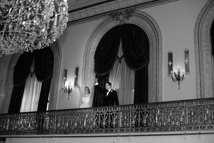 Omni William Penn Wedding Couple Entering Reception with Arms Up