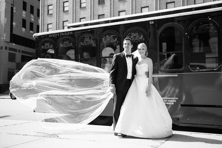 Omni William Penn Wedding Bride and Groom on Pittsburgh's Famous Trolleys