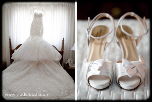 Power Center Ballroom Pittsburgh Wedding - Bride's Mermaid Gown and White Satin Shoes
