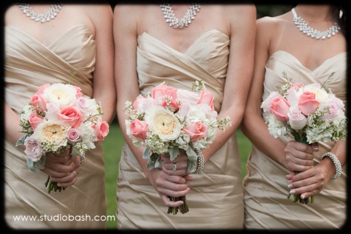 Power Center Ballroom Pittsburgh Wedding - Bridemaids with White and Pink Rose Bouquets