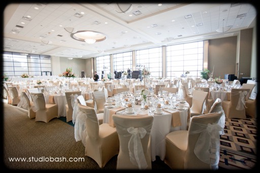 Power Center Ballroom Pittsburgh Wedding Reception - White Tables and Chairs with Bows