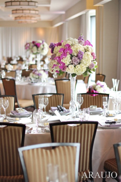 Renaissance Hotel Wedding Reception - Tall Pink and Purple Floral Centerpieces