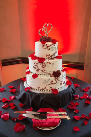 Golf Lodge at the Quarry Naples Wedding - Cake with Silver Heart Topper and Rose Petals