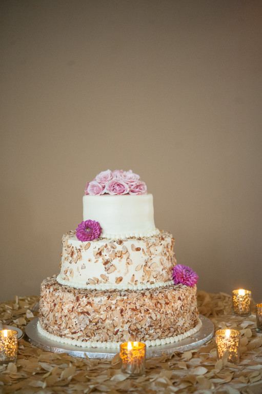 The Club at Nevillewood Wedding Reception: Rustic Wedding Cake with Pink Flowers