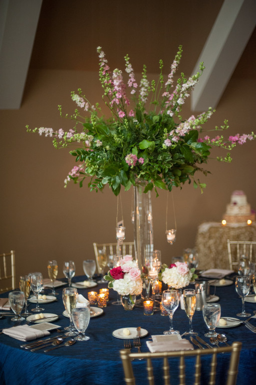 The Club at Nevillewood Wedding Reception: Tall Floral Centerpiece with Tealight Candles